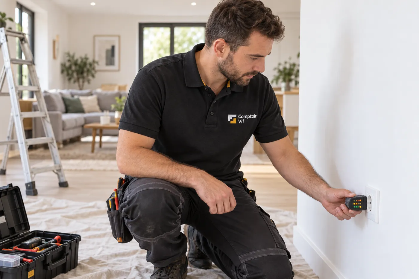 Contrôle d'une prise au testeur après une rénovation électrique dans un séjour